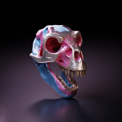 Dinosaur-like skull with intricate details, sharp teeth.