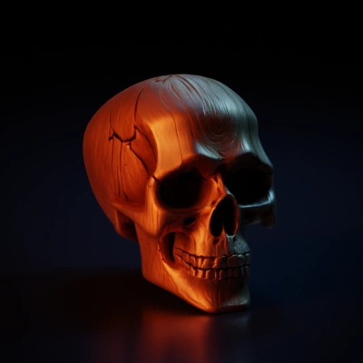 Wooden skull sculpture, detailed craftsmanship.