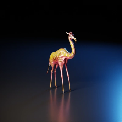 Giraffe-like character, avian features.