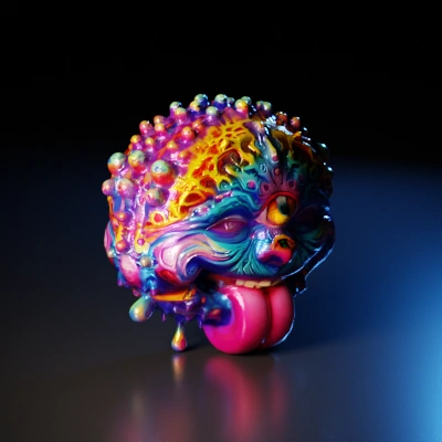 Extravagant psychedelic face with a single eye and extended tongue.