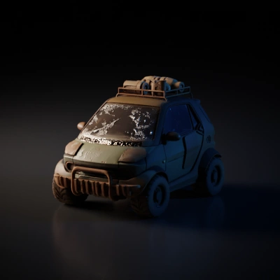 rusty off-road compact car in desert.