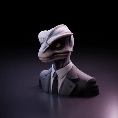 Humanlike lizard wearing a suit.