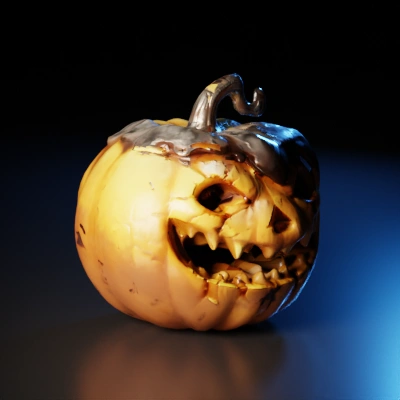 Carved Jack-o'-lantern with menacing expression.