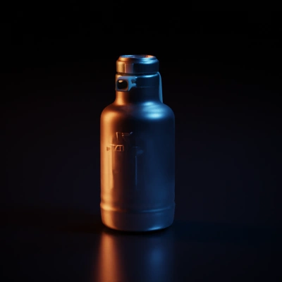 Stainless steel thermos with handle, engraved logo.
