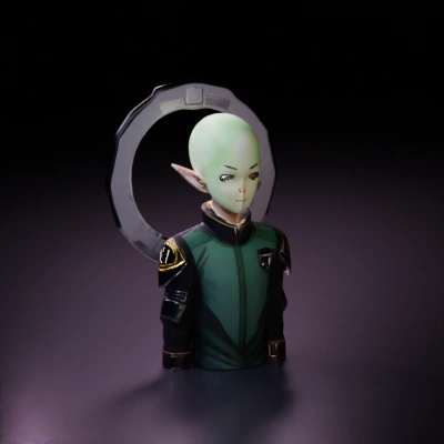 Alien humanoid with pointy ears, sleek uniform.