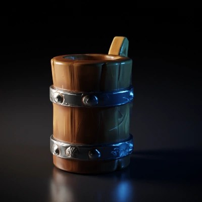 Wooden tankard with metal bands, medieval-style. deep and sharp notch
