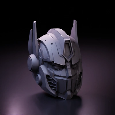 Robotic helmet with futuristic design.