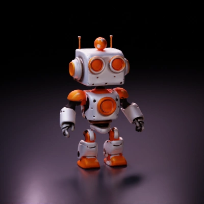Cute robot character with round features, retro design.