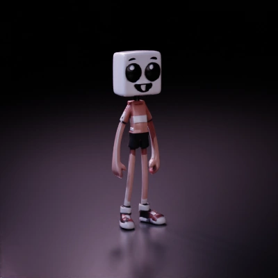 Cartoon character with a square head, thin limbs.