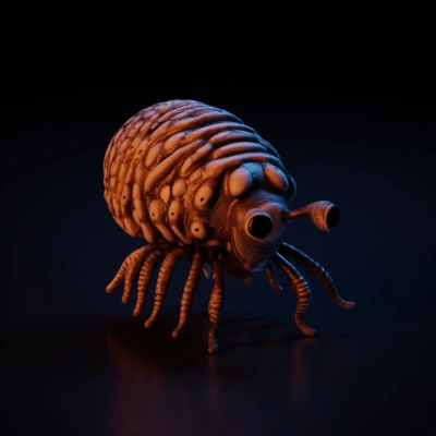 Alien insectoid creature, multiple segments, big eyes, many legs, many eyes,