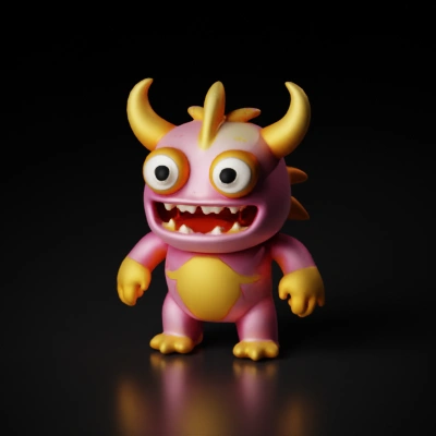 Cartoonish monster with big eyes and horns.