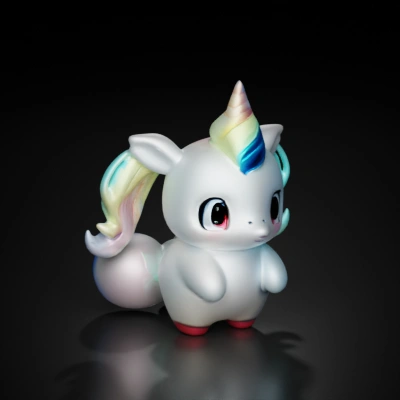 Cute chubby unicorn with rainbow mane, large eyes.