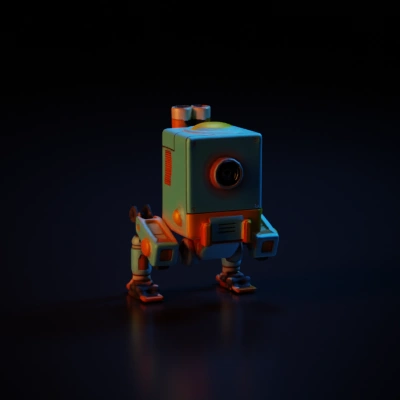 Small robot with four legs and a camera lens.