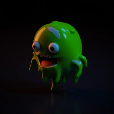 Slimy monster with big eyes, mouth open.