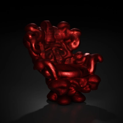 Abstract organic-shaped sculpture of a chair made out of mushrooms, intricate and irregular forms, asymmetric.