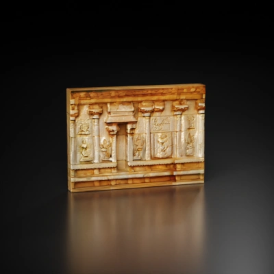 Ancient stone bas-relief depicting various figures and scenes. scene,