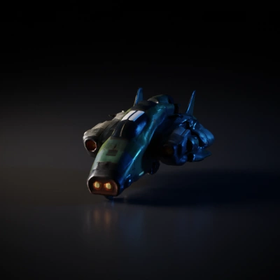 Heavily armed spaceship, futuristic design, hovering form.