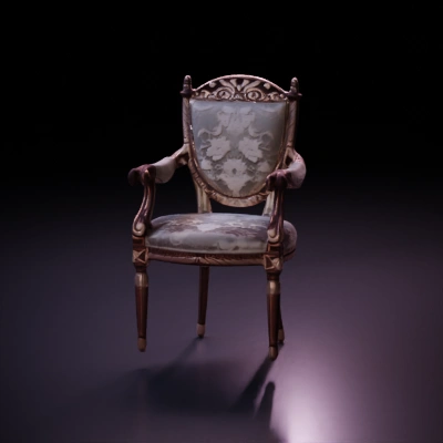 Elegant antique upholstered chair with ornate carvings.