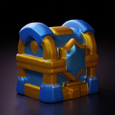 Treasure chest with armored plating, ornate design. shiny, gold