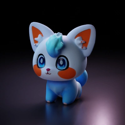 Cute chibi fox character, anime style. an adorable orange kitten with large, expressive blue eyes and soft fluffy fur