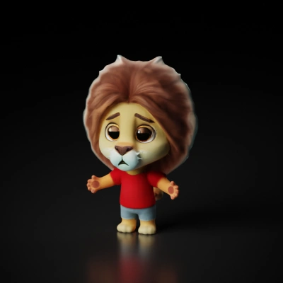 Cartoon lion in red shirt, grey shorts.