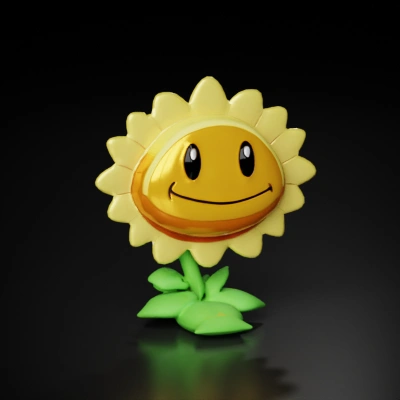 Smiling sunflower with cartoonish features.