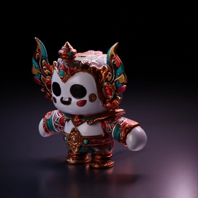 Ornate chibi-style character with intricate armor, wings.