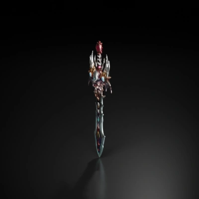 Ornate fantasy sword, detailed gothic design, skulls and gemstones.