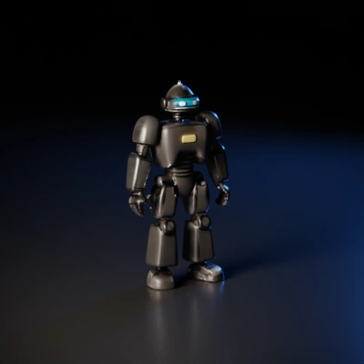 Humanoid robot with visor and articulated limbs.