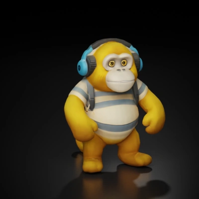 Cartoon monkey with headphones and striped shirt.
