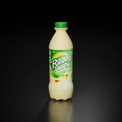 Plastic bottle with fruit beverage label.
