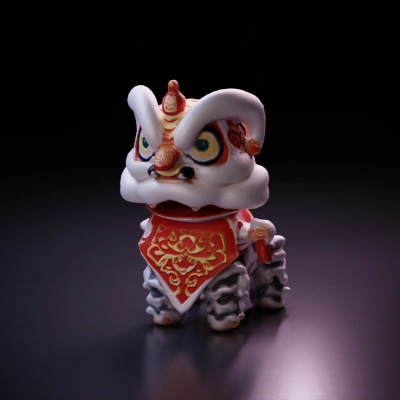 Lion dance character, festive traditional appearance.