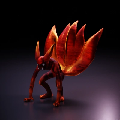 Bipedal fox-like creature with nine tails, menacing.
