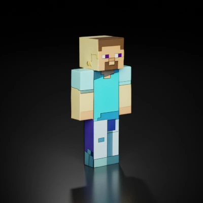 Blocky video game character, pixelated design.