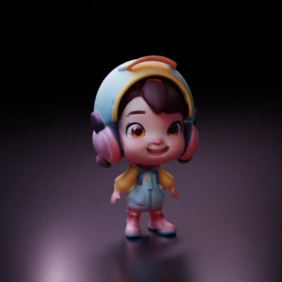 Cartoon child with headphones, playful design, smiling.