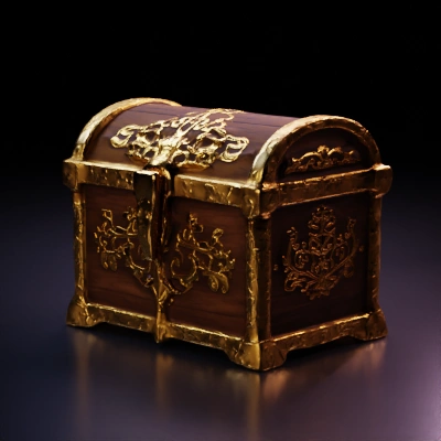 Ornate treasure chest with intricate patterns, wooden base.