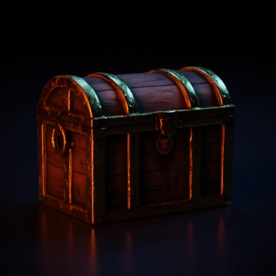 Old treasure chest, metal fittings, wooden structure.