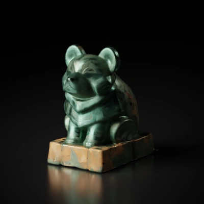 Ancient stone bear statue, intricate carvings, serene expression.