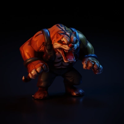 Tiger-like humanoid, muscular, fierce expression, bare-fisted warrior.