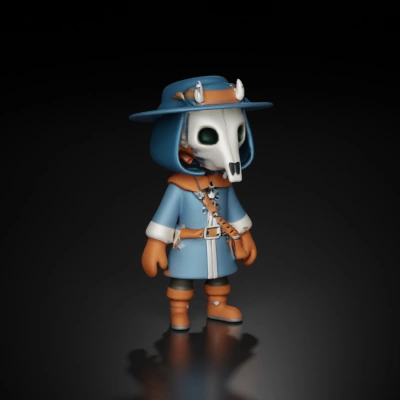 Cartoon character with skull mask, trench coat, belt packs.