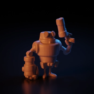 Boxy humanoid robot holding a large tool, futuristic design. symmetric geometry. character. smooth edges. simple geometry.