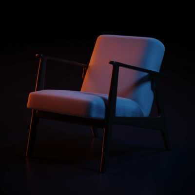Classic mid-century modern armchair, wooden frame, upholstered seat.