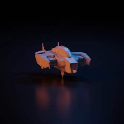 Advanced spacecraft with detailed design, multiple thrusters. . symmetric geometry, sharp edges, smooth edges, complex geometry.