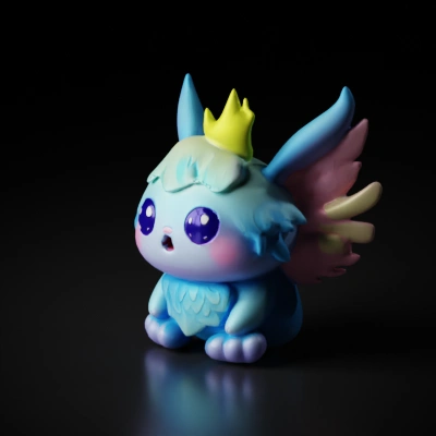 Cute fantasy creature with wings, big eyes.