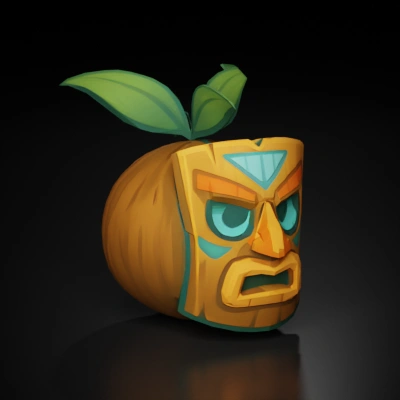 tropical fruit with a carved mask face.