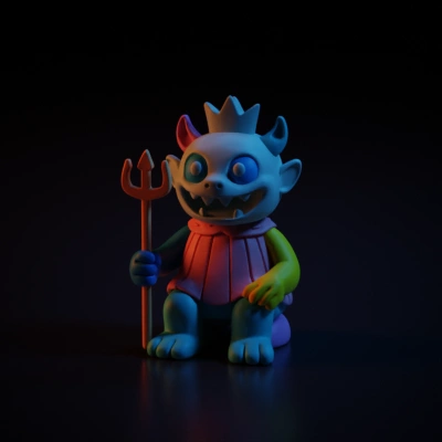 Cartoon monster king with crown and trident. symmetric geometry, smooth edges, simple geometry, game-ready, character