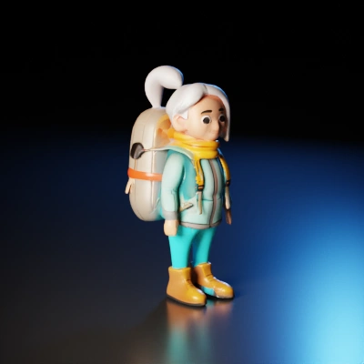 Stylized old woman character with a backpack.