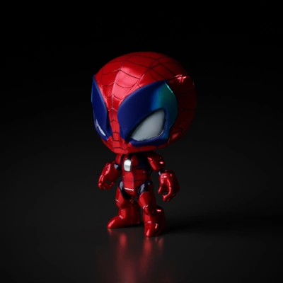 Spider-like superhero character, exaggerated head, heroic stance. spiderman, iron man