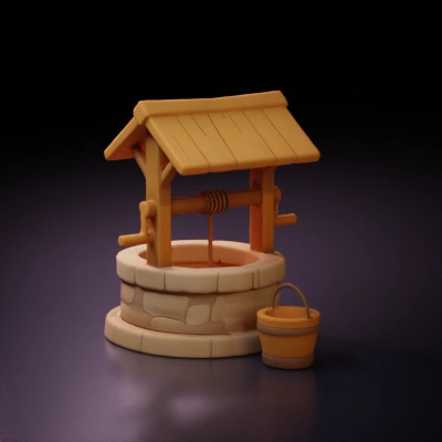Wooden wishing well with roof and bucket.