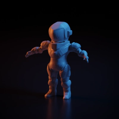 futuristic astronaut young cadet, cyberpunk full body suit concept, show me the whole suit and body of the astronaut. Make it with simple geometries for 3d printing, mid poly. Chibi design, simple geometry, sharp edges. symmetric geometry, smooth edges, complex geometry, character, sharp edges, simple geometry, game-ready
